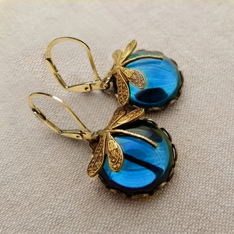 

Vintage Metal Dragonfly Earrings Inky Blue Moonstone Brass Glass Cabochon Vintage Victorian Gifts For Women