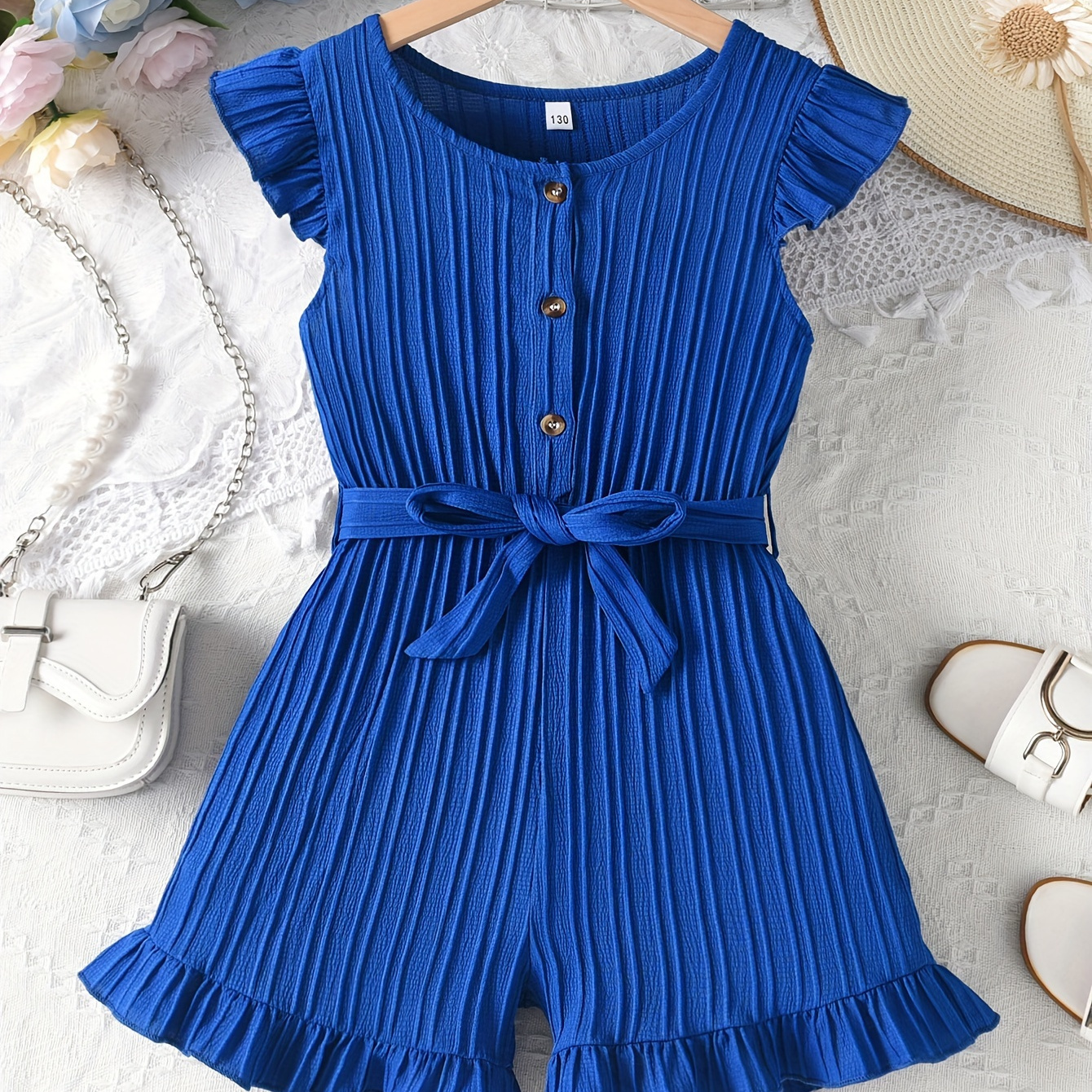

Girls Stylish & Casual Solid Colored Flutter Sleeve Button Up Belted Ruffle Trim Ribbed Romper For Spring & Summer