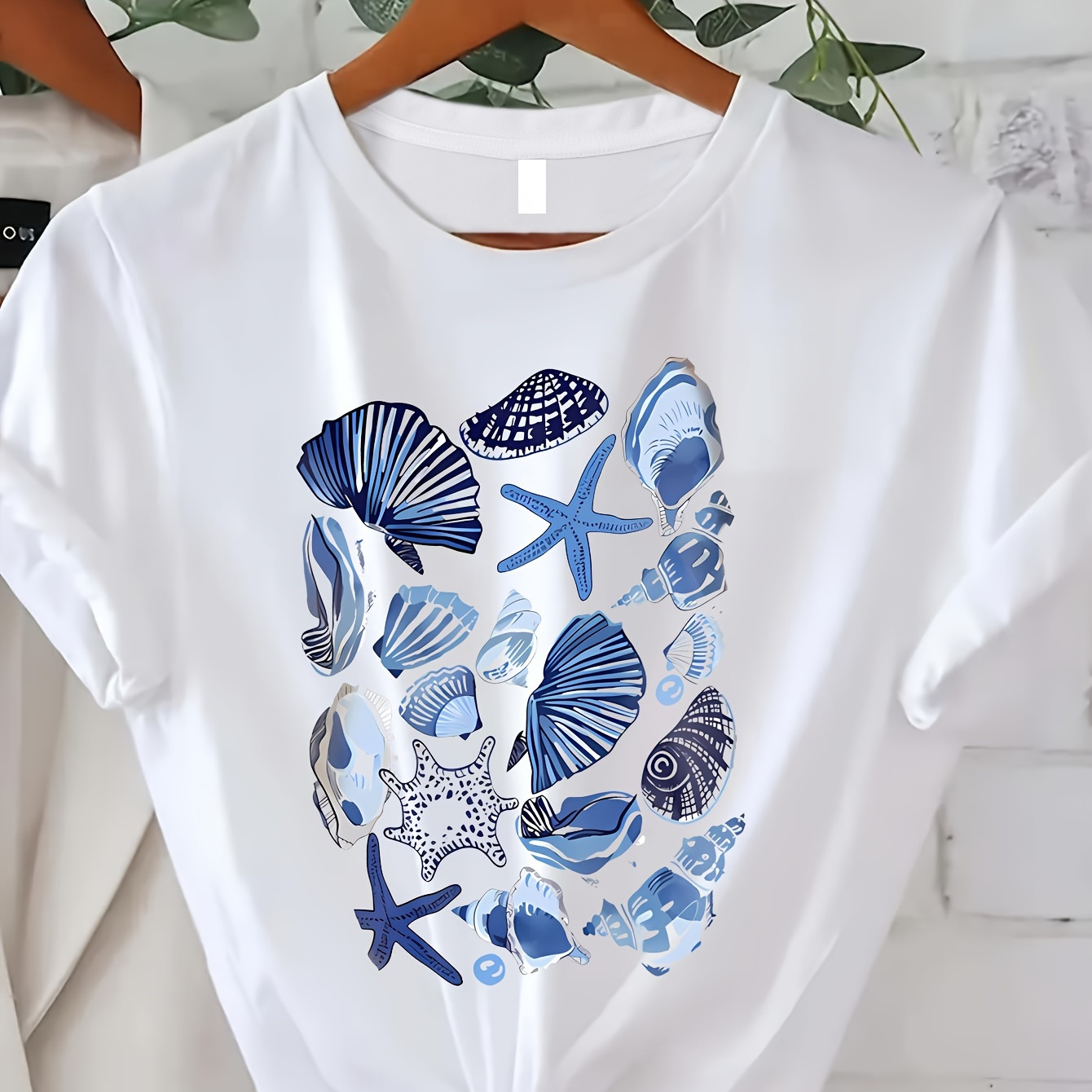 TEMU Seashell Print Crew Neck T-shirt, Short Sleeve Casual Top For Summer & Spring, Women's Clothing