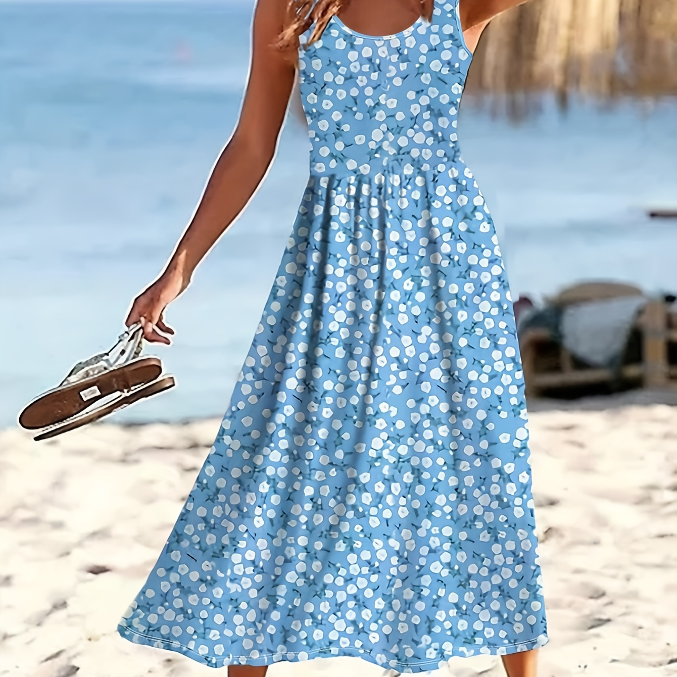 

1pc Women'/summer Ditsy Floral Neck Peplum Dress, Polyester 95% Spandex 5% Knit Fabric, Beach Midi Dress