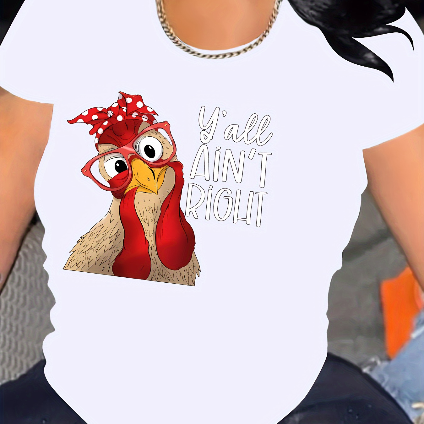 

Women's Plus Size Casual Sporty T-shirt, "y'all Ain't Right" Funny Chicken With Glasses Print, Comfort Fit Short Sleeve Tee, Fashion Breathable Casual Top