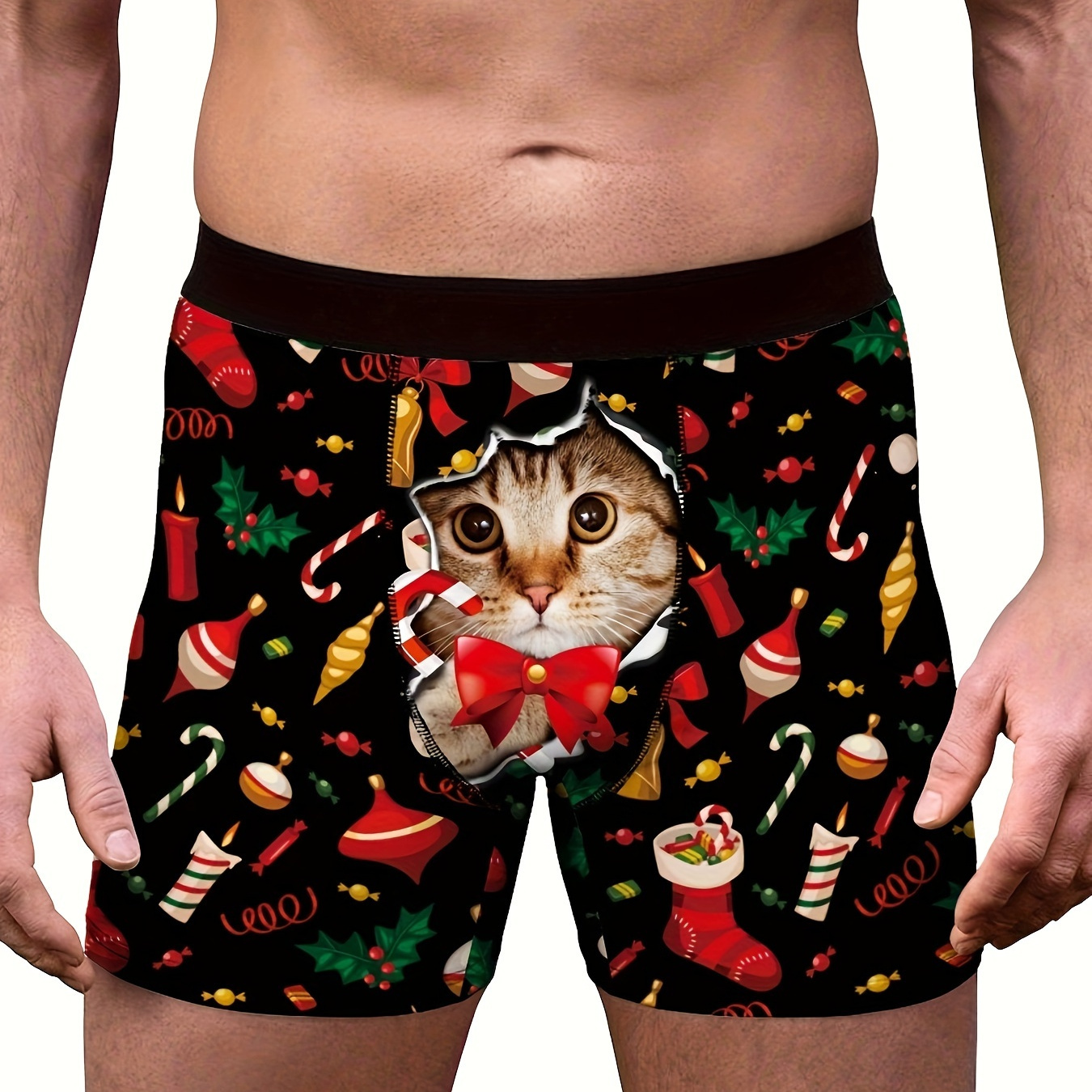 

Stylish Men's Christmas Cat Print Stretchy Boxer Briefs - Comfy & Quick- Drying & Breathable Underwear