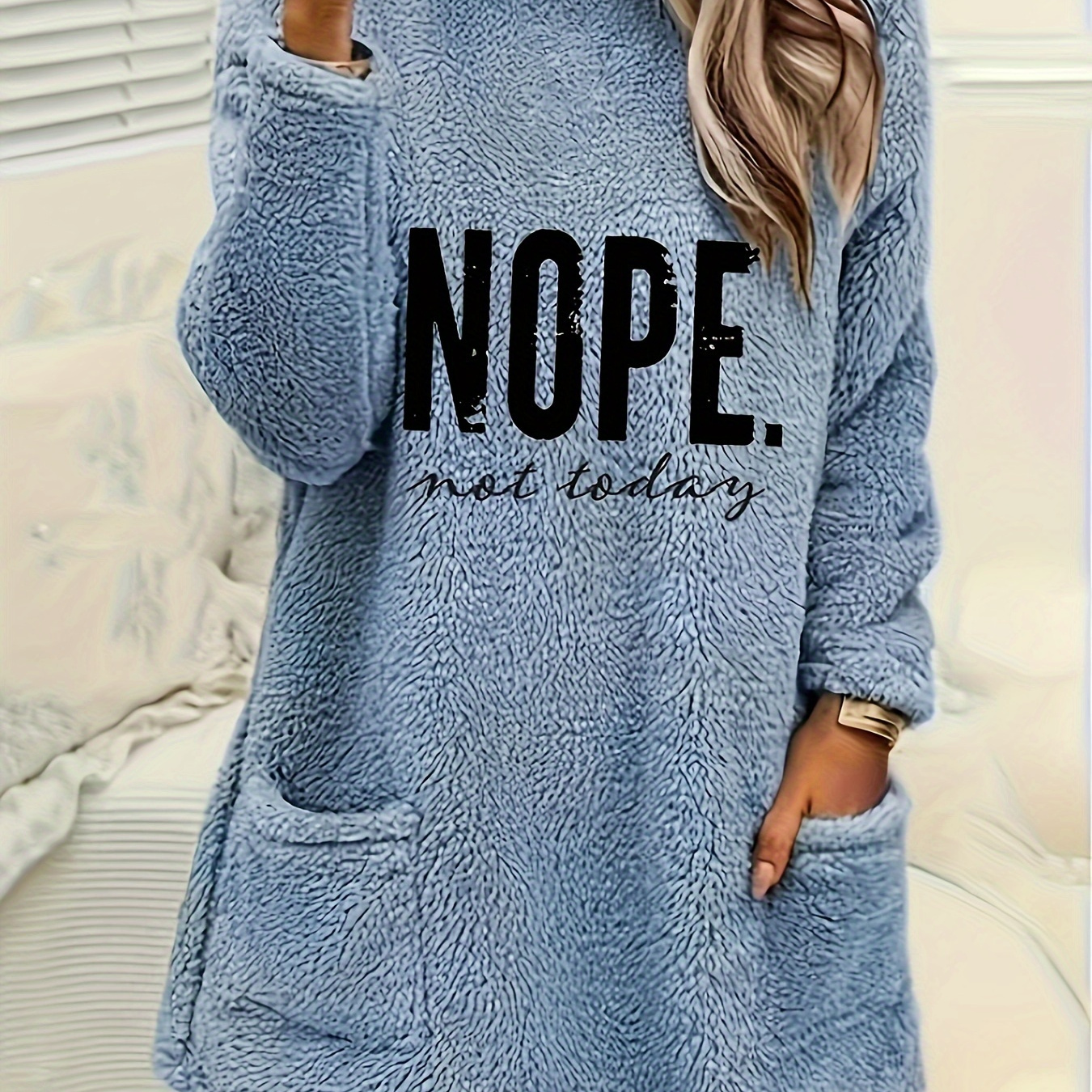 

Polyester Sweatshirt] Cozy Fleece-lined Women's Pullover Sweatshirt With "nope" Print - Casual Long Sleeve, Round Neck, Mid-length With Pockets, Fall & Winter