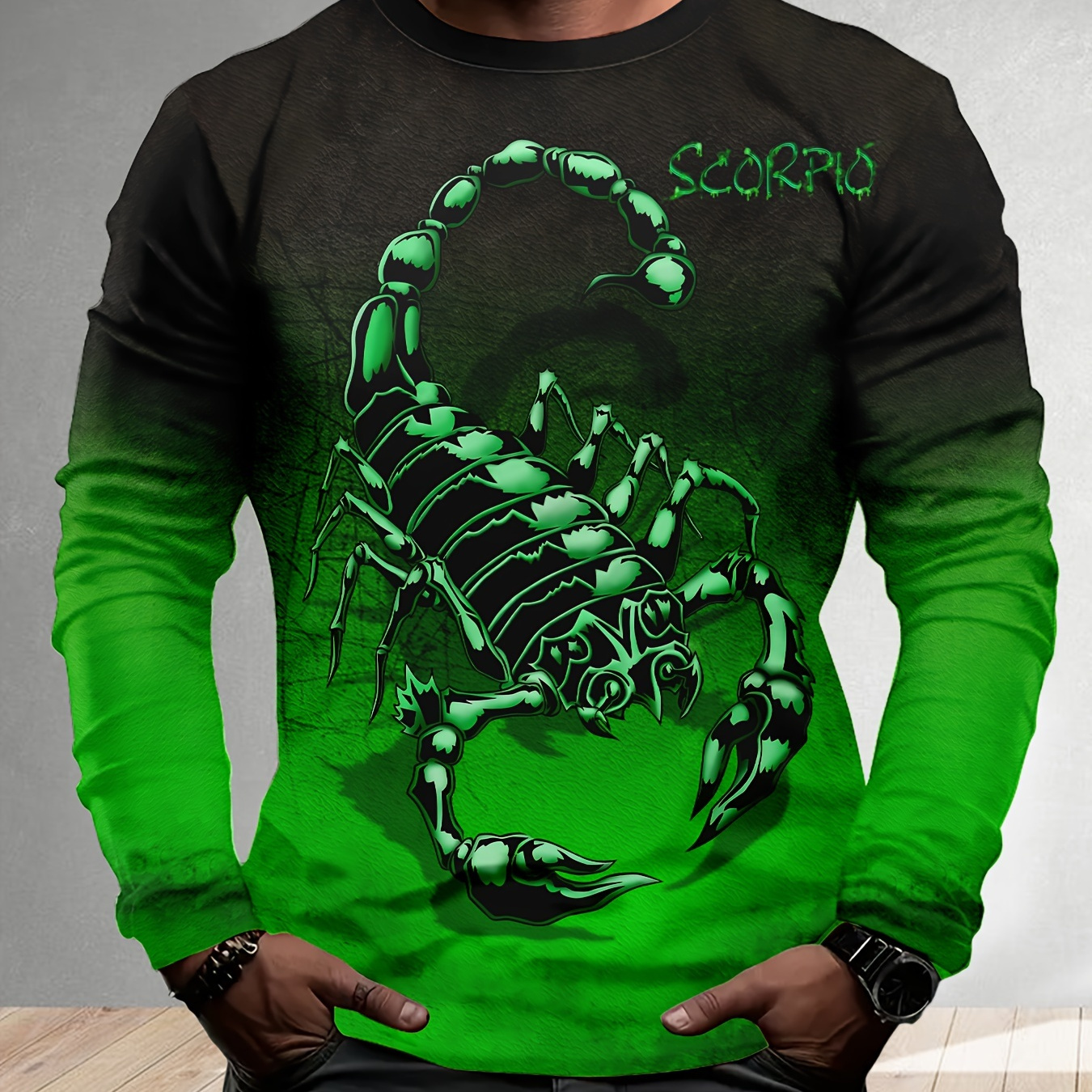 

T-shirt Scorpion à manches longues pour hommes, haut en décontracté à col rond en polyester, imprimé animal , coupe standard, % polyester, 140 g/m² - Mode sportive de