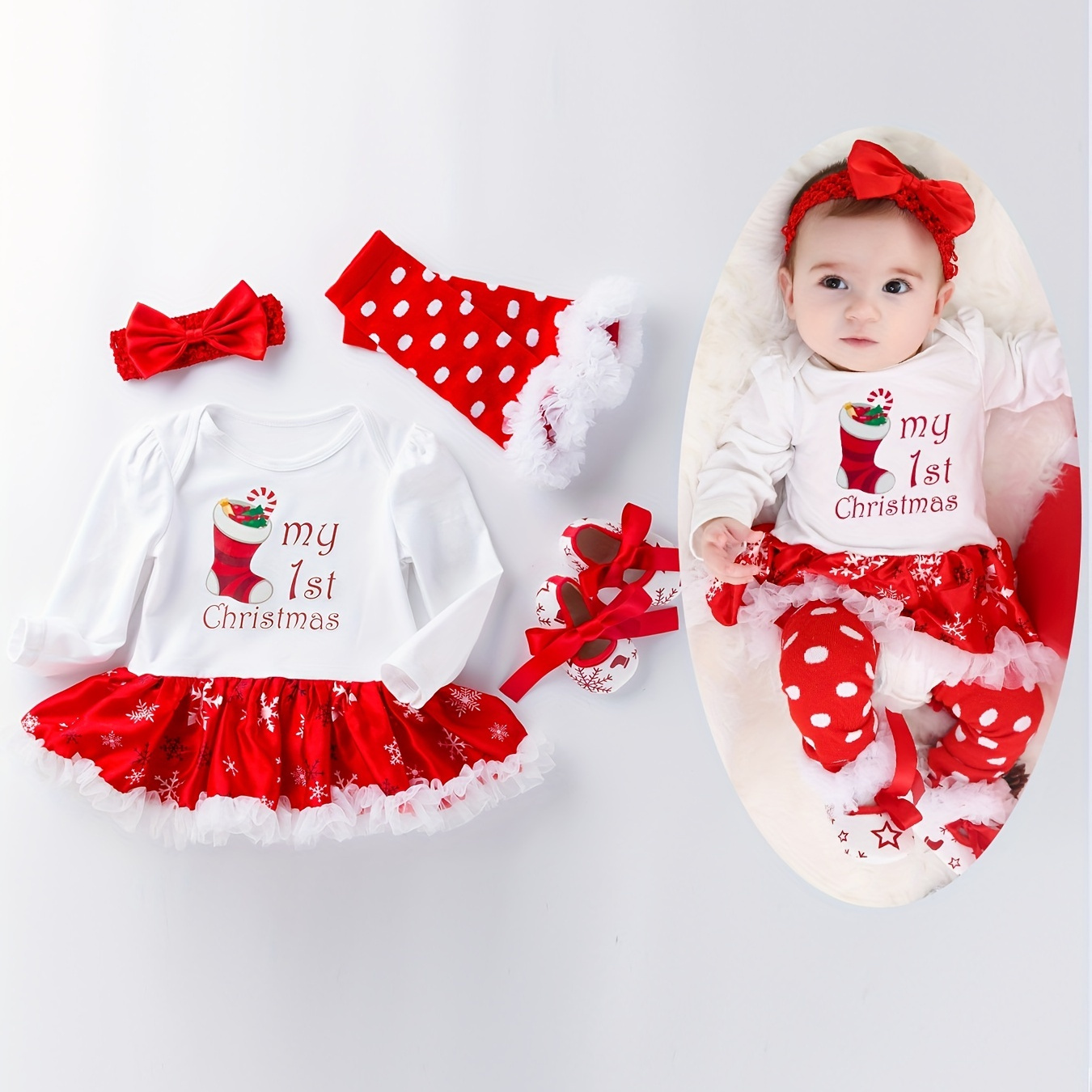 

Newborn Baby's Cut Cartoon Graphic Christmas Outfit, Stockings Long Sleeves Romper Dress Shoes Suit Fashion Party Dress Up Cute Photograph Festival Costume