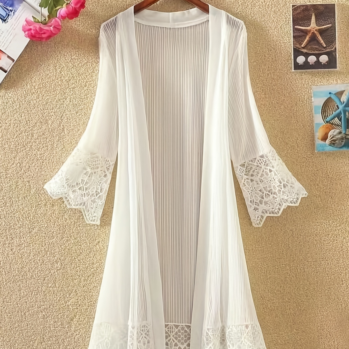 

Lace Eyelet Embroidery White Cover Up, Open Front 3/4 Sleeves Sun Protective Cardigan, Elegant & Stylish, Women's Swimwear & Clothing For Holiday