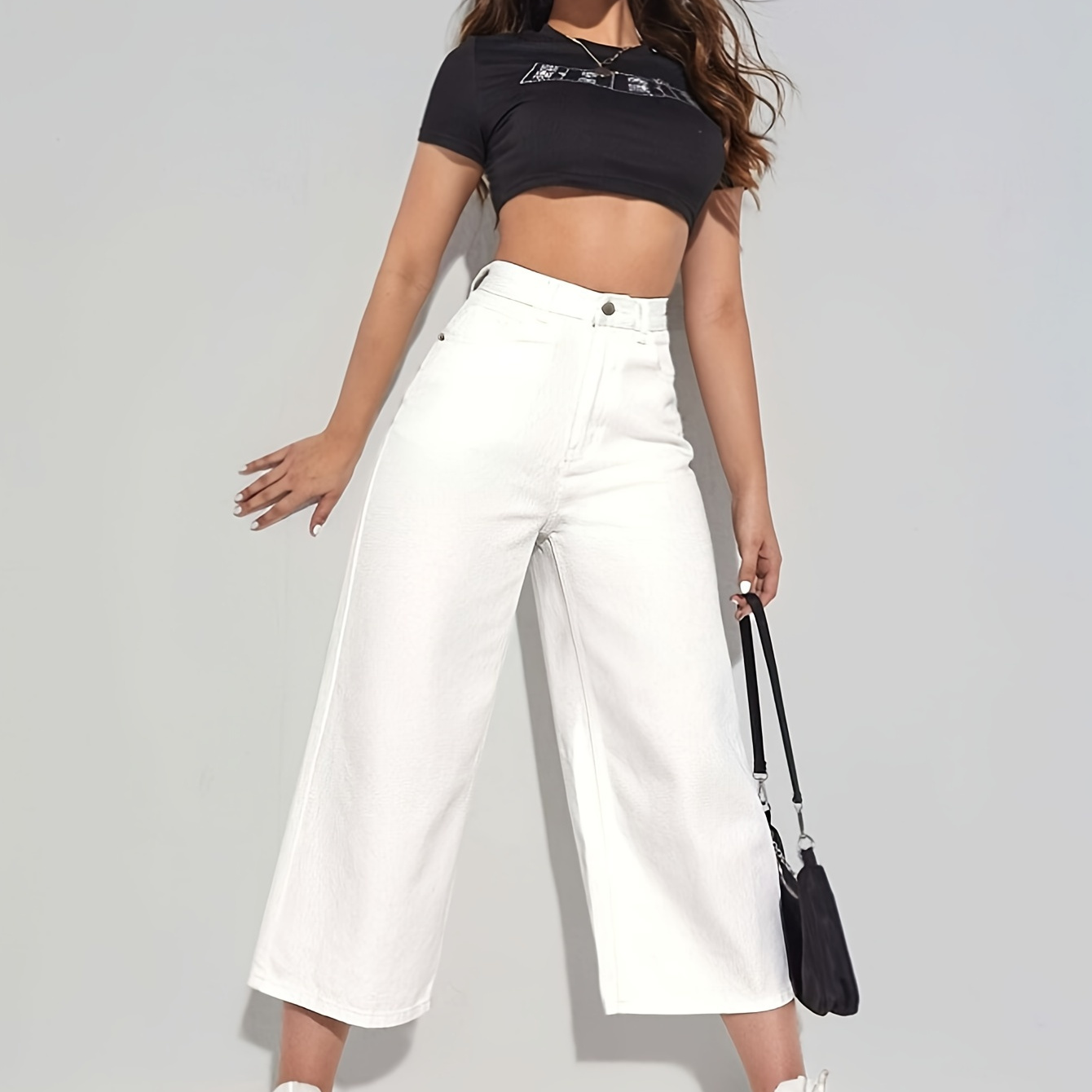 

Plain Whiter Wide Leg Cropped Jeans, High Rise Stretchy Loose Fit Denim Pants, Women's Denim Jeans & Clothing