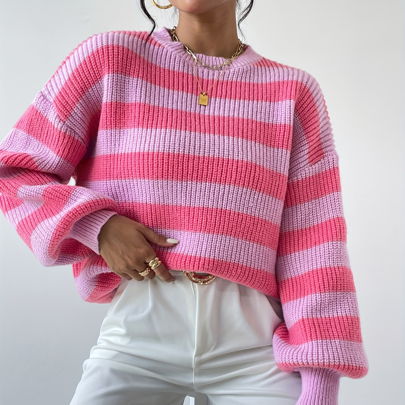 

Striped Pattern Crew Neck Pullover Sweater, Y2k Lantern Sleeve Sweater For Fall & Winter, Women's Clothing