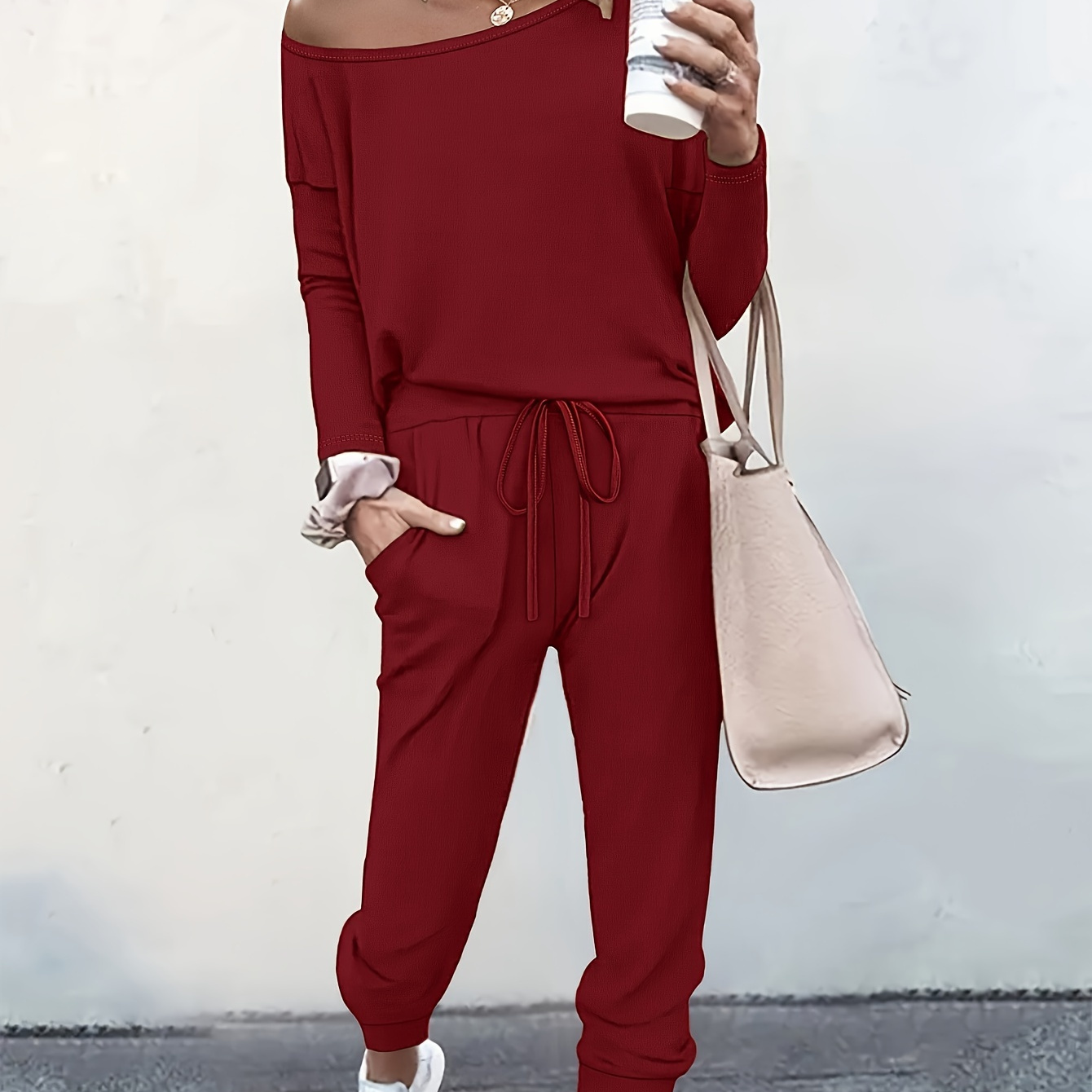 Casual Solid Two-piece Set, Slant Shoulder Loose Long Sleeve Top & Drawstring Jogger Pants, Women's Clothing