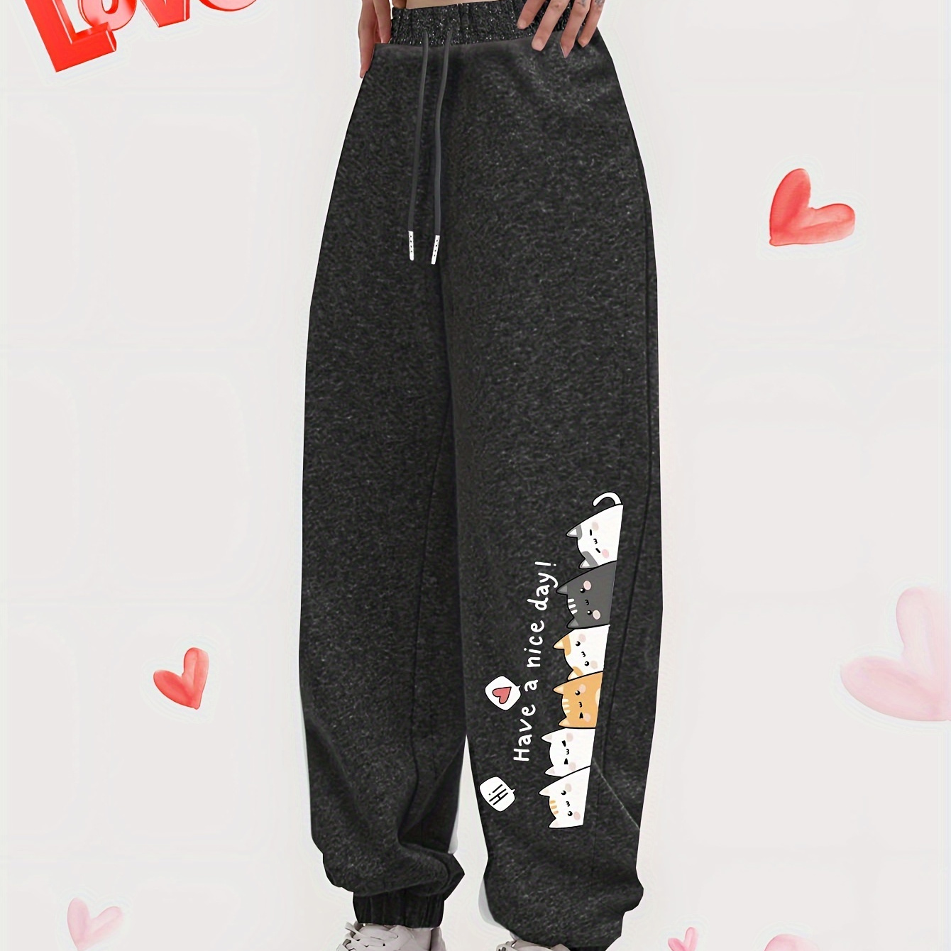 

Women's Casual Sweatpants With Cute Cat Print, Fashionable Tapered Joggers, Waistband, Comfort Pants, Sporty Style For Fall & Winter