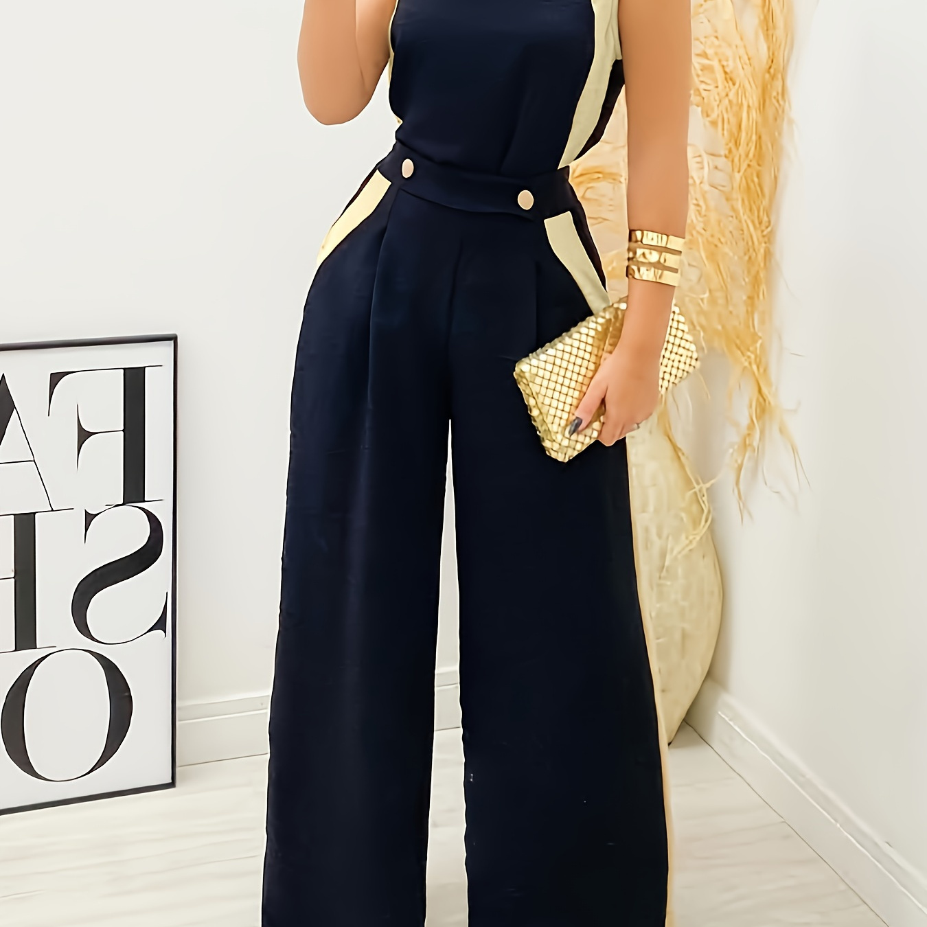 

Color Block Stylish Pantsuits, Sleeveless Crew Neck Tank Top & High Waist Wide Leg Pants Outfits, Women's Clothing