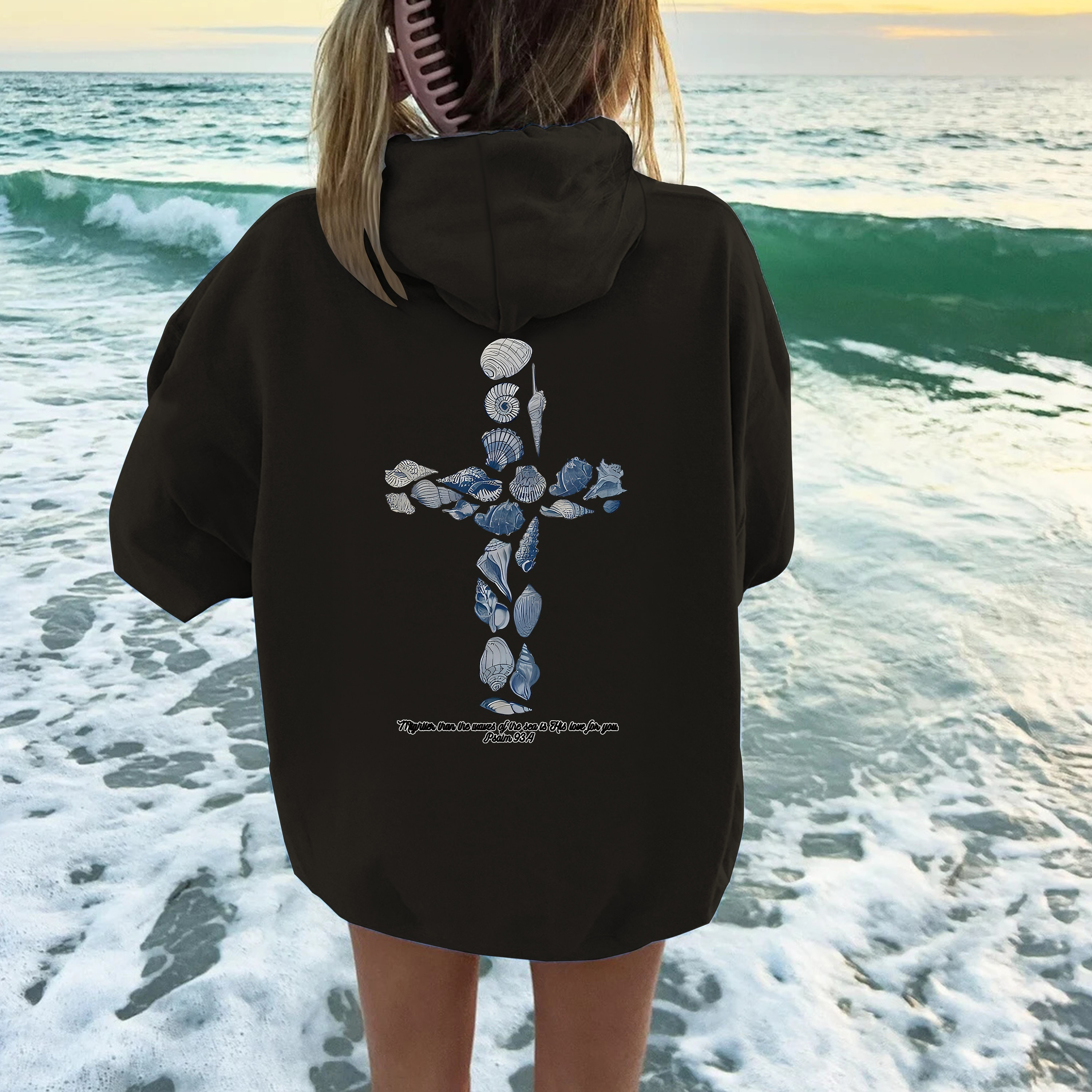 Casual Polyester Hooded Sweatshirt, Geometric Shell Cross Print, Knit Fabric, Long Sleeve Pullover with Front Pocket, for Women, All-Season Hoodie