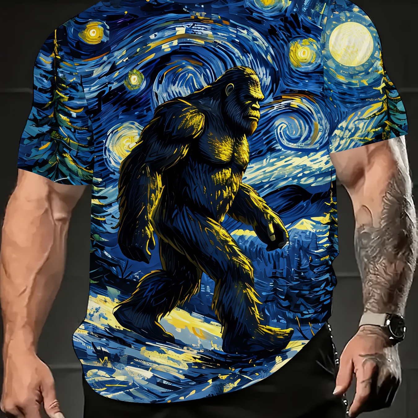 

1pc Men's Van Starry Night Gorilla Print T-shirt, Casual Sports Crew Neck Short Sleeve Top, Polyester 95% Spandex 5% Knit Fabric With Slight Stretch, Regular Fit, Plus Size