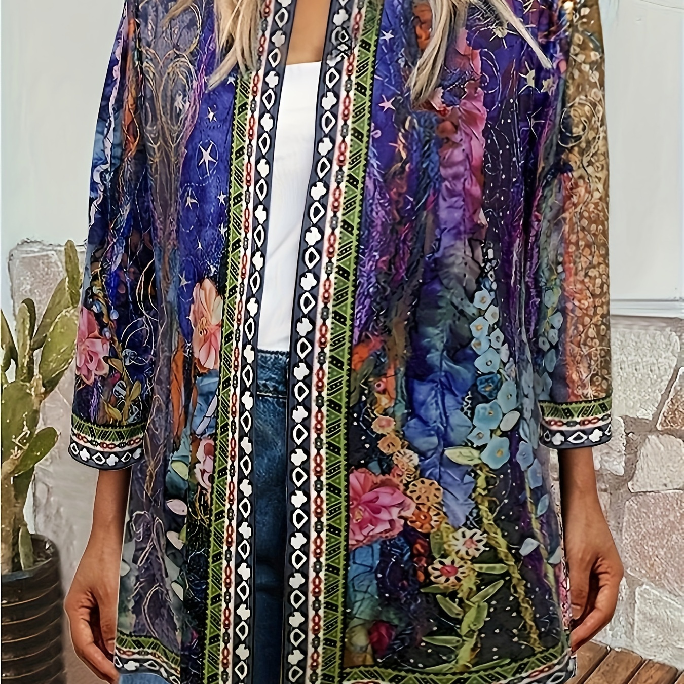 Plus Size Boho Cardigan Women's Plus Aztec Print Long Sleeve