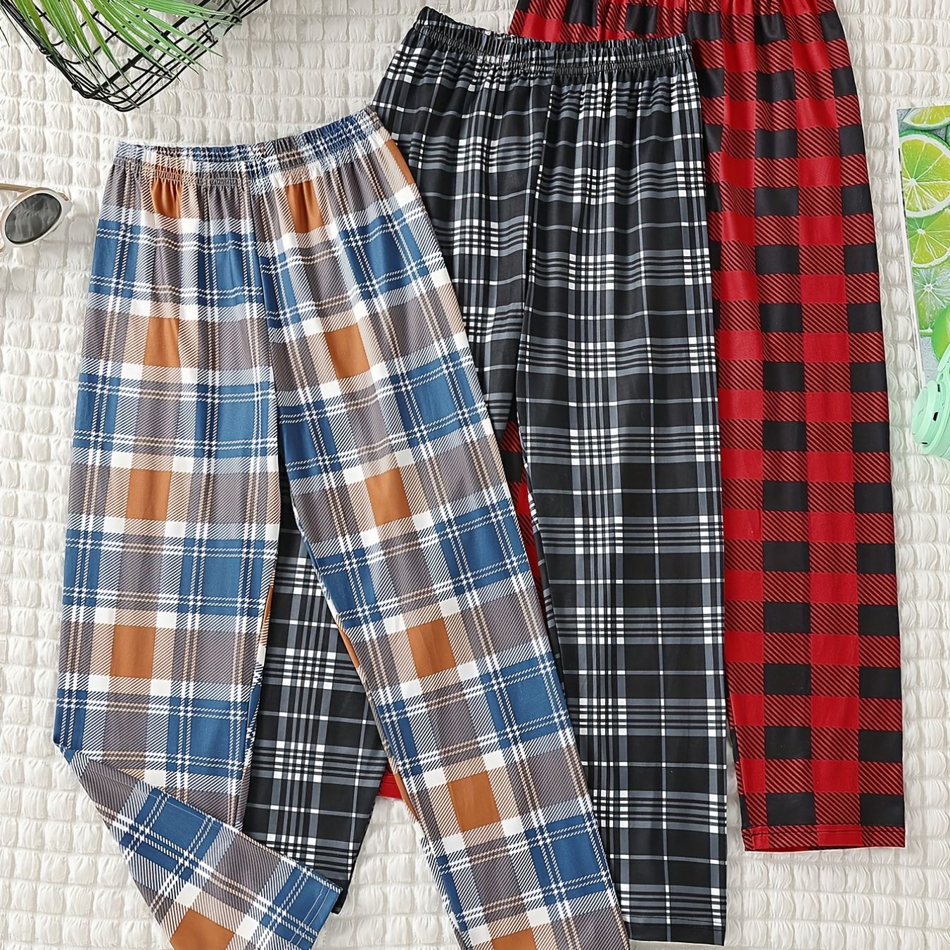 

3pcs Boys Casual Plaid Straight Loose Soft Comfortable Long Pants For Spring And Autumn Kids Clothing