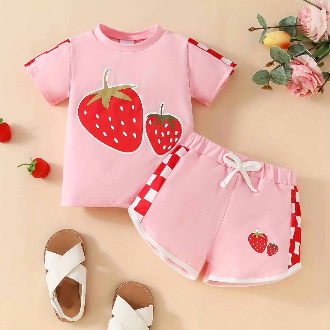 

Baby's Cartoon Strawberry Print 2pcs Sporty Style Outfit, T-shirt & Checkerboard Pattern Splicing Shorts Set, Toddler & Infant Girl's Clothes For Daily/holiday, As Gift