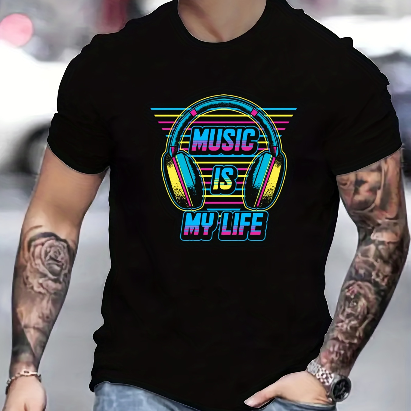 

'music Is My Life' Print Tee Shirt, Tee For Men, Casual Short Sleeve T-shirt For Summer Spring Fall, Tops As Gifts