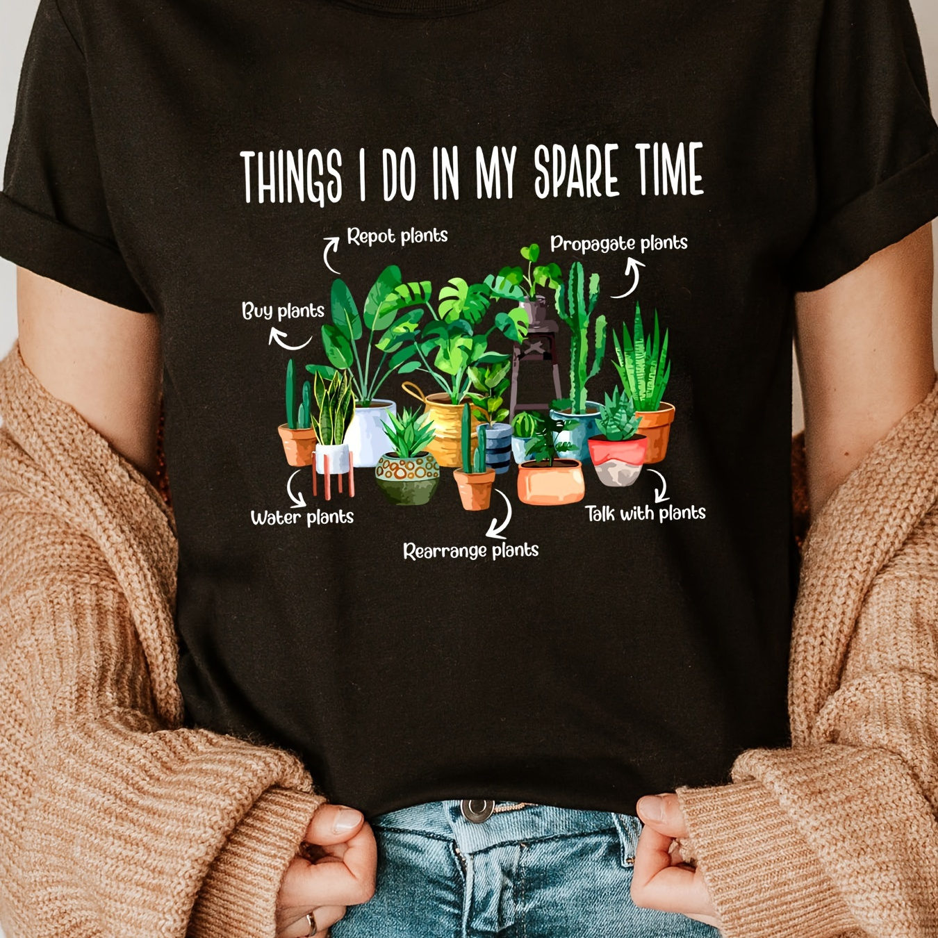 

Plants Print Crew Neck T-shirt, Casual Short Sleeve T-shirt For Spring & Summer, Women's Clothing