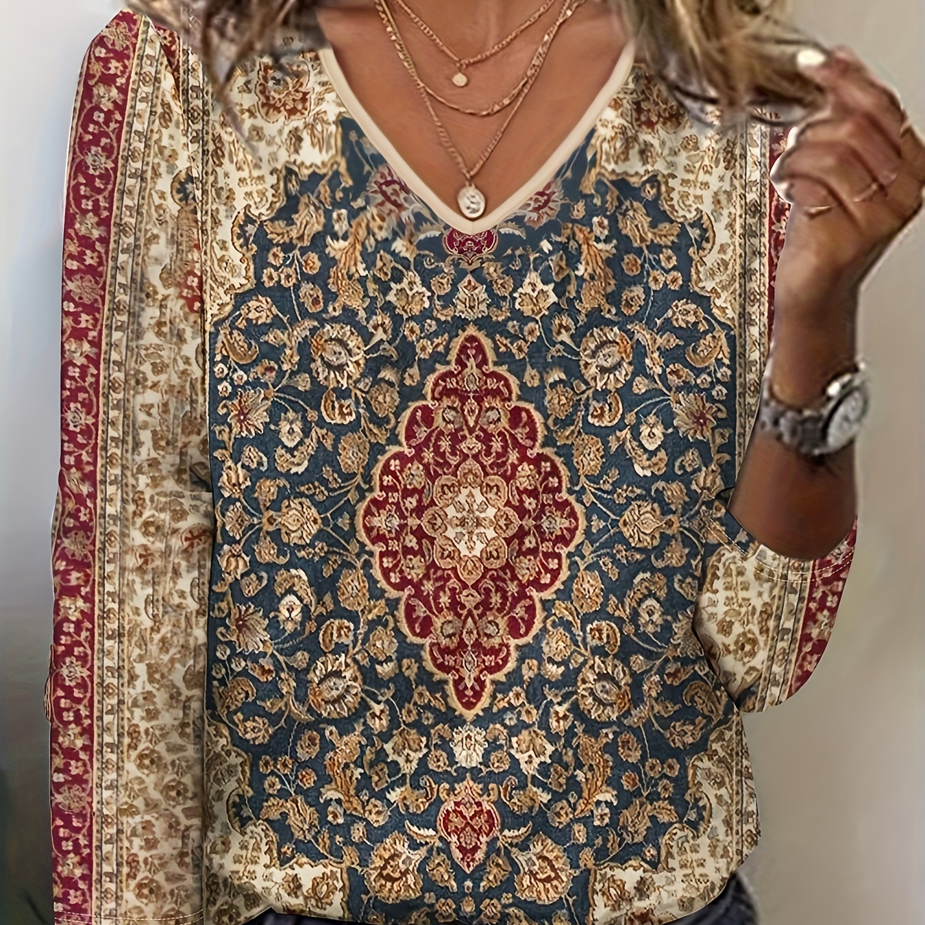 Ethnic Floral Print V Neck T-shirt, Vintage Long Sleeve Top For Spring & Fall, Women's Clothing