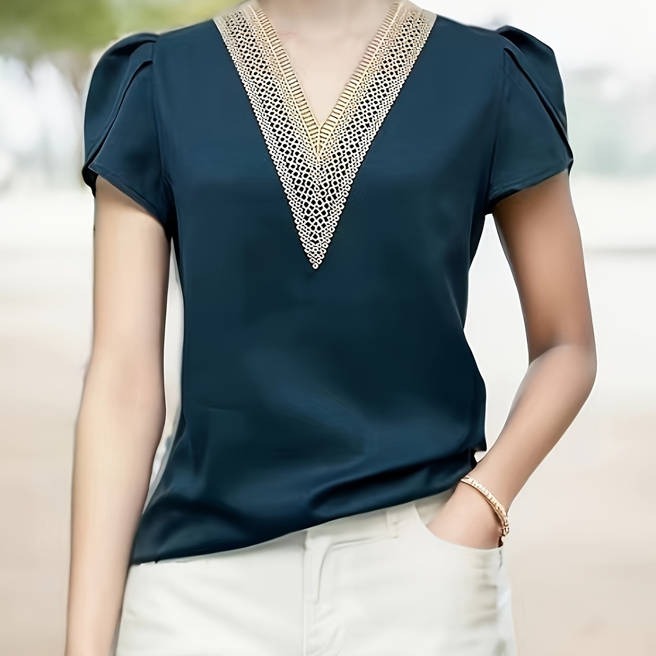

Contrast Lace Petal Short Sleeve Blouse, Elegant V-neck Blouse For Summer & Spring, Women's Clothing