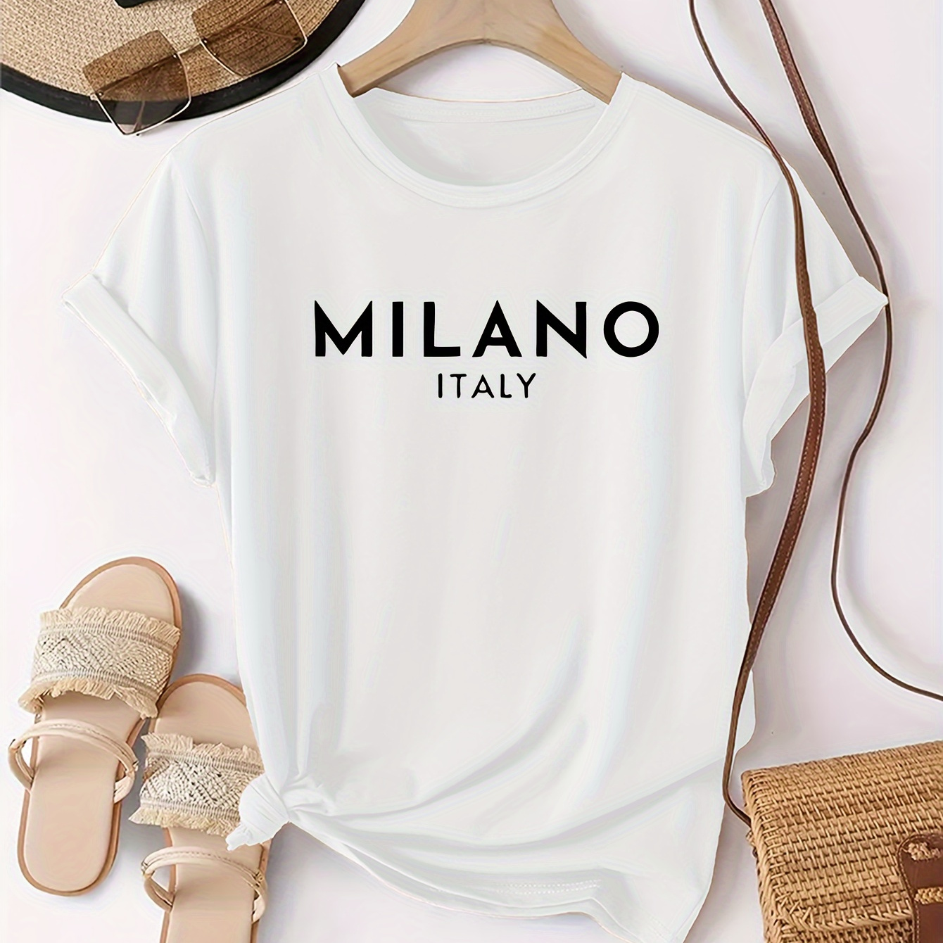 

Milano Print T-shirt, Short Sleeve Crew Neck Casual Top For Summer & Spring, Women's Clothing