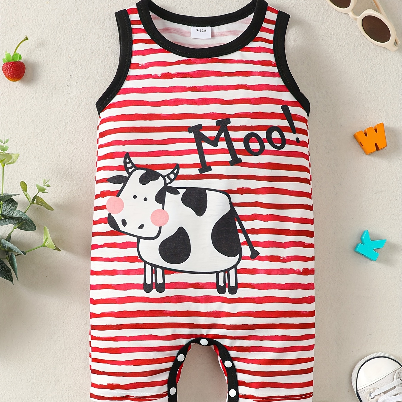 

Baby Boys Cute Cow Graphic Printed Striped Sleeveless Round Neck Cotton Romper, Casual Jumpsuit Clothes