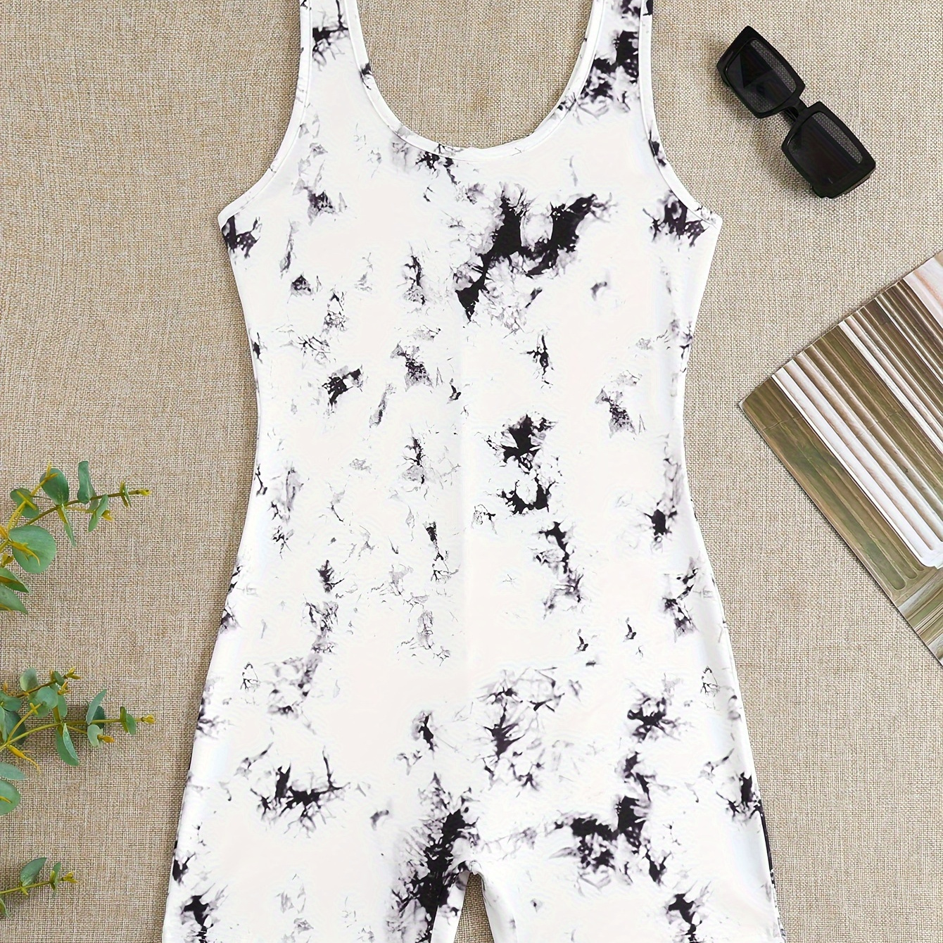 

Tie Dye Print Pajama Romper, Round Neck Sleeveless Slim Fit Tank Romper, Women's Sleepwear