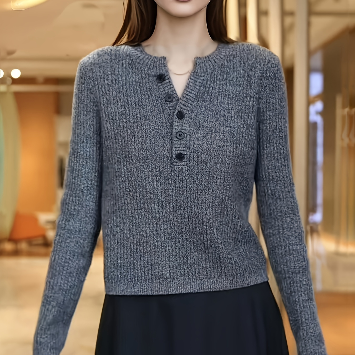 

Women's Plus Size Grey V-neck Knit Sweater - Casual Long Sleeve Pullover With Button Detail, Slimming Effect For Autumn And Winter