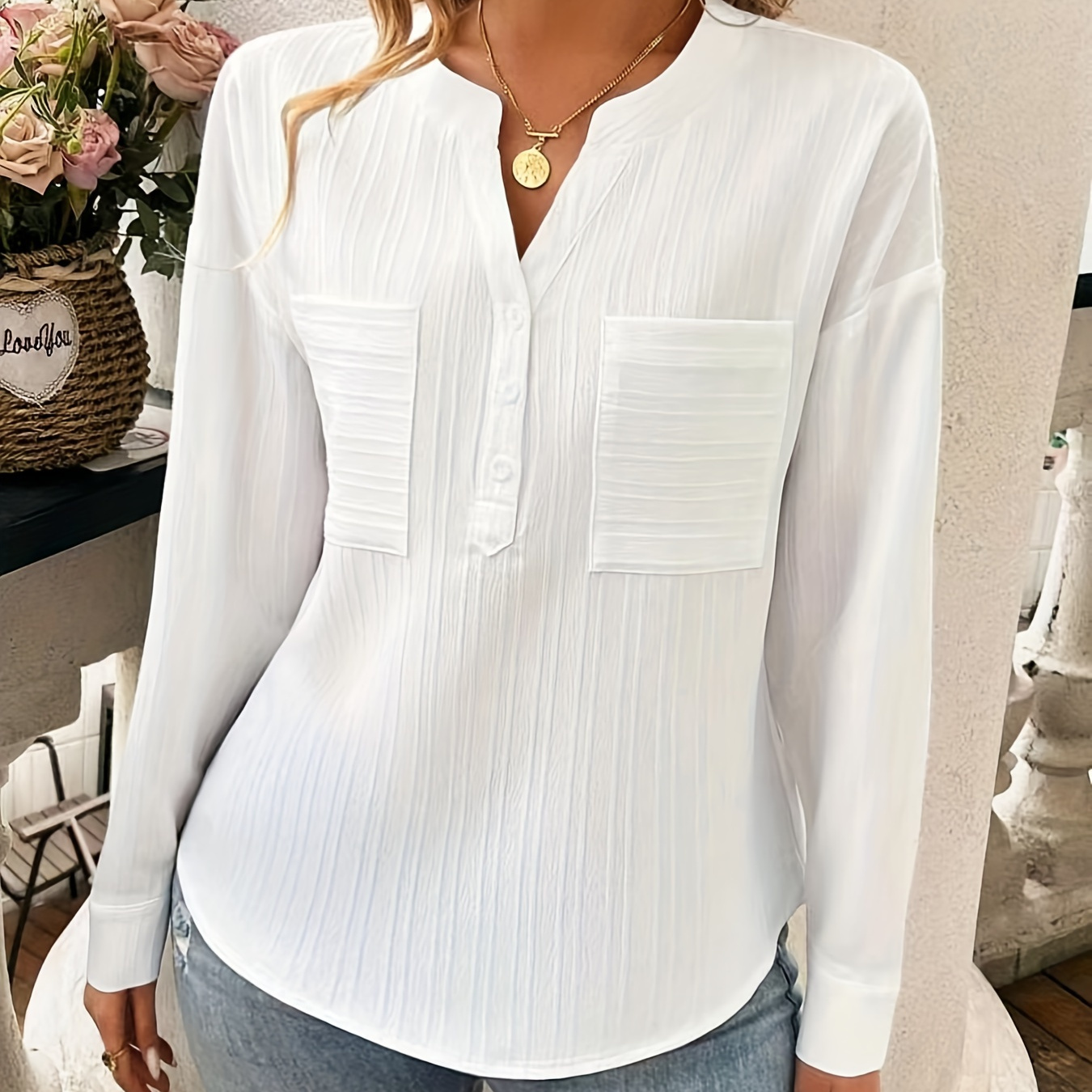 

Textured Patched Pockets Blouse, Elegant Notched Neck Long Sleeve Blouse For Spring & Fall, Women's Clothing