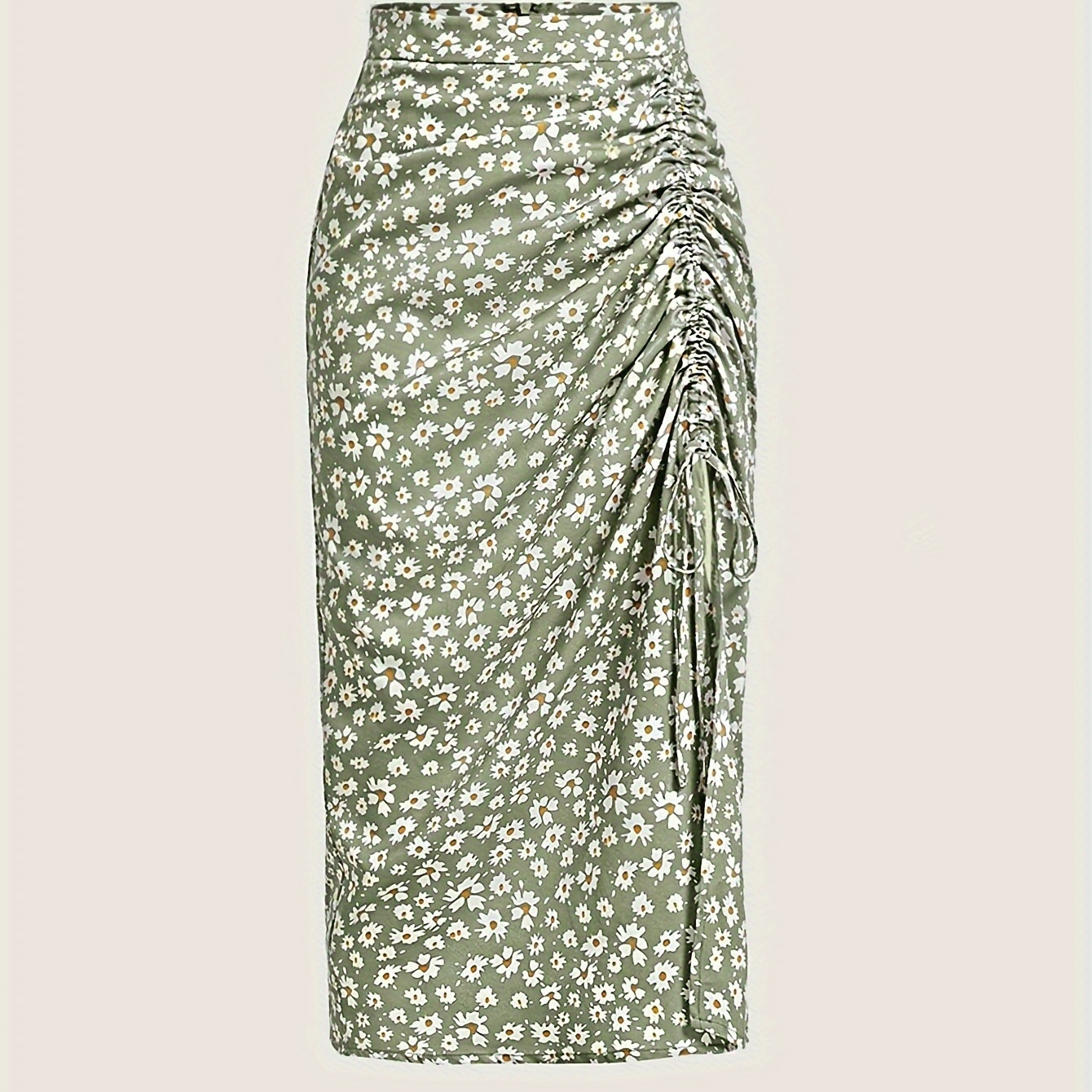 

Floral Print Drawstring Ruched Skirt, Elegant High Waist Midi Skirt For Spring & Summer, Women's Clothing
