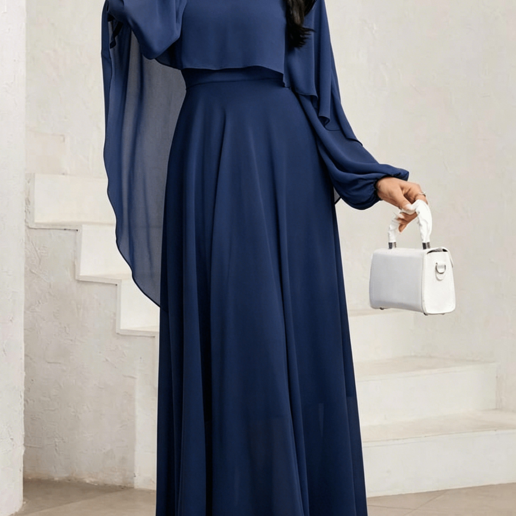 Navy Blue Chiffon Cape Maxi Dress