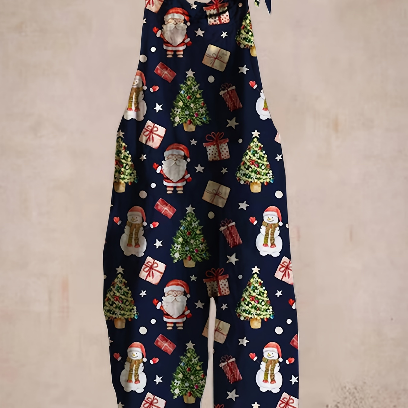 

Christmas Print Tie Shoulder Jumpsuit, Sleeveless Loose Overall Jumpsuit For , Women's Clothing