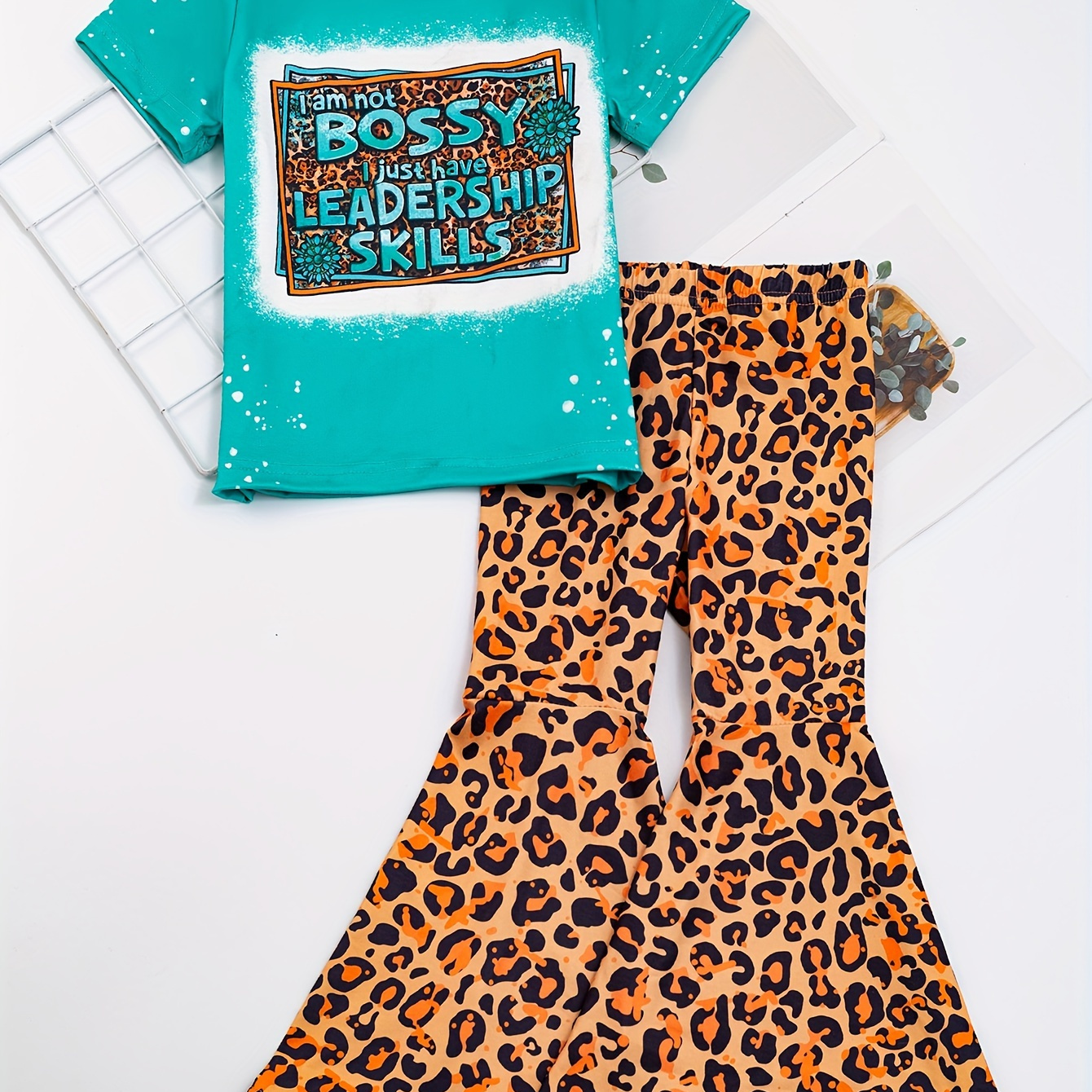 

Girls 2pcs, I'm Not Bossy... Print T-shirt + Leopard Print Flare Pants Set Spring Summer Gift