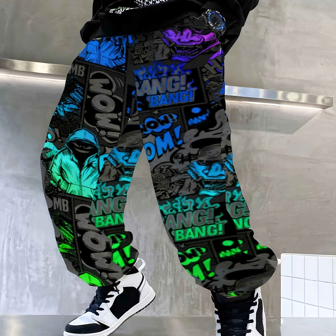 

Boys Casual Joggers, Elastic Waist Pants With Letter Graffiti And Ink Spalsh, Comfy Long Sweatpants For Boys