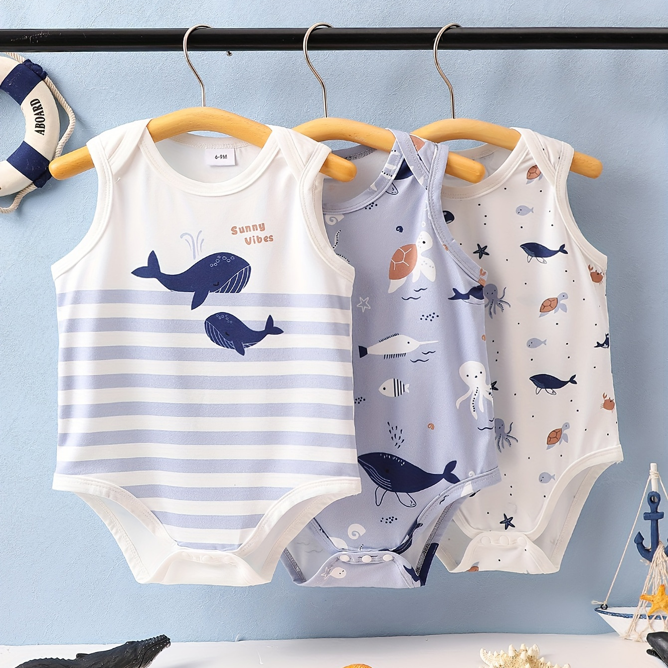 

3pcs Newborn Boys Cute Cartoon Dolphin Print Bodysuits, Soft Baby Boy Rompers, Triangular One-piece Outfits, Adorable Style