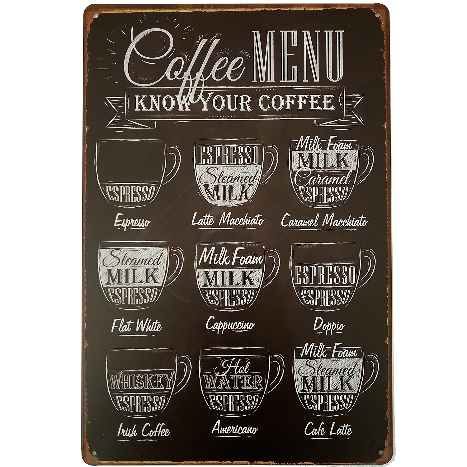 1pc Coffee Menu Know Your Coffee Tin Sign 8'' X 12'' Wall Retro Metal ...