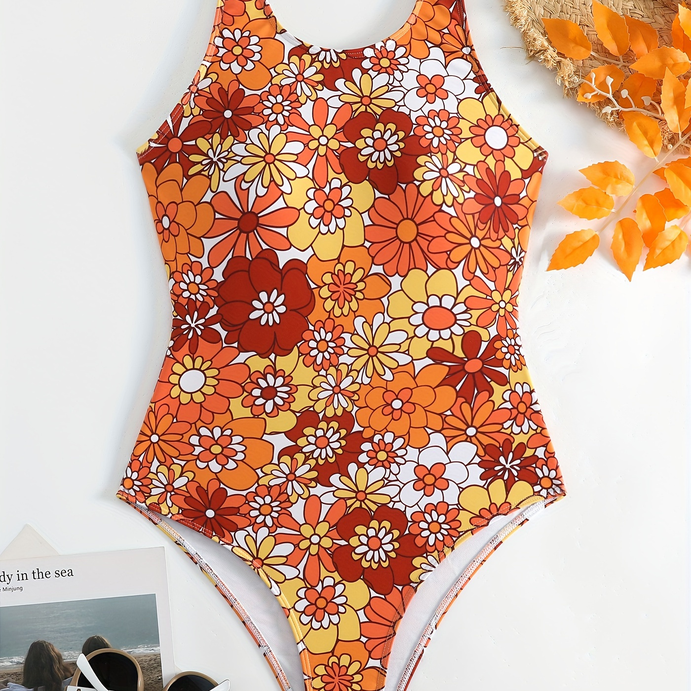 

Tangerine Floral Print High Cut Bathing Suit, Round Neck Stretchy Cute 1 Piece Swimsuit, Women's Swimwear & Clothing