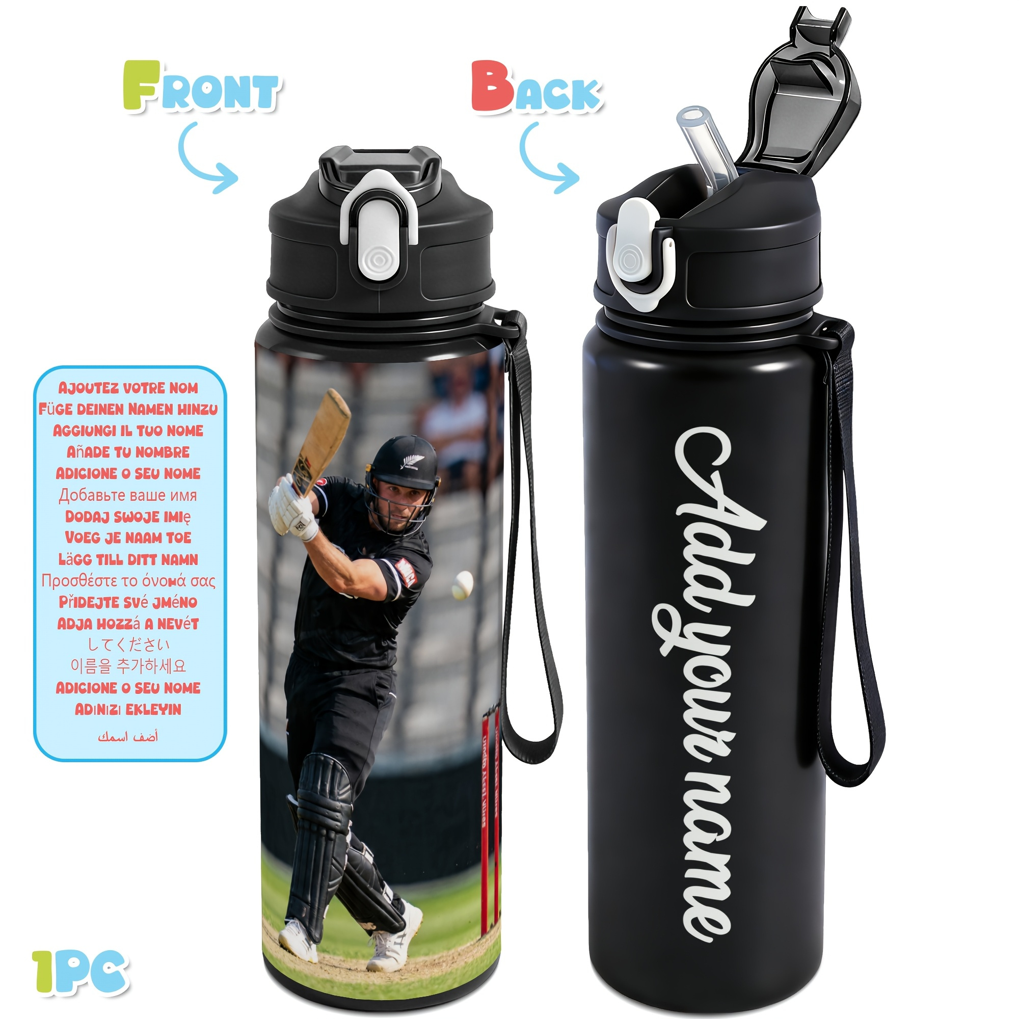 TEMU Personalized 750ml/25oz For Cricket-themed Custom Name Pattern Available Water Bottle, Leak-proof Sports Bottle, Ideal Personalized Gift For