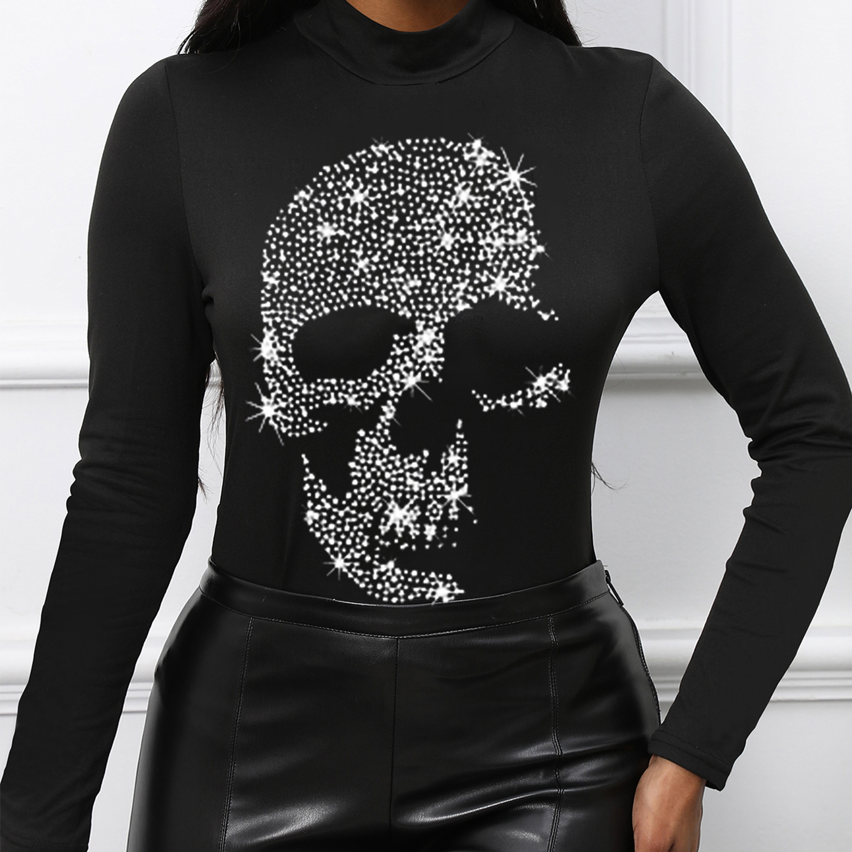 

Skull Pattern Turtleneck T-shirt, Casual Long Sleeve Top For Spring & Fall, Women's Clothing