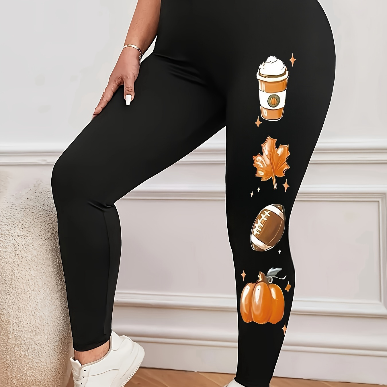 

Plus Size Rugby & Pumpkin Print Skinny Leggings, Casual Every Day Stretchy Leggings, Women's Plus Size Clothing