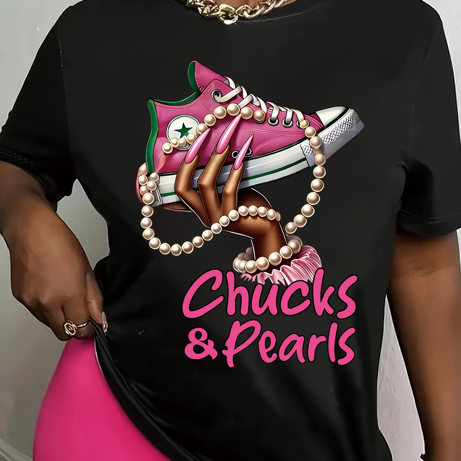 

& Pearls Printed T-shirt, Short-sleeved Crew Neck Casual Top, Spring/summer, Women's Wear