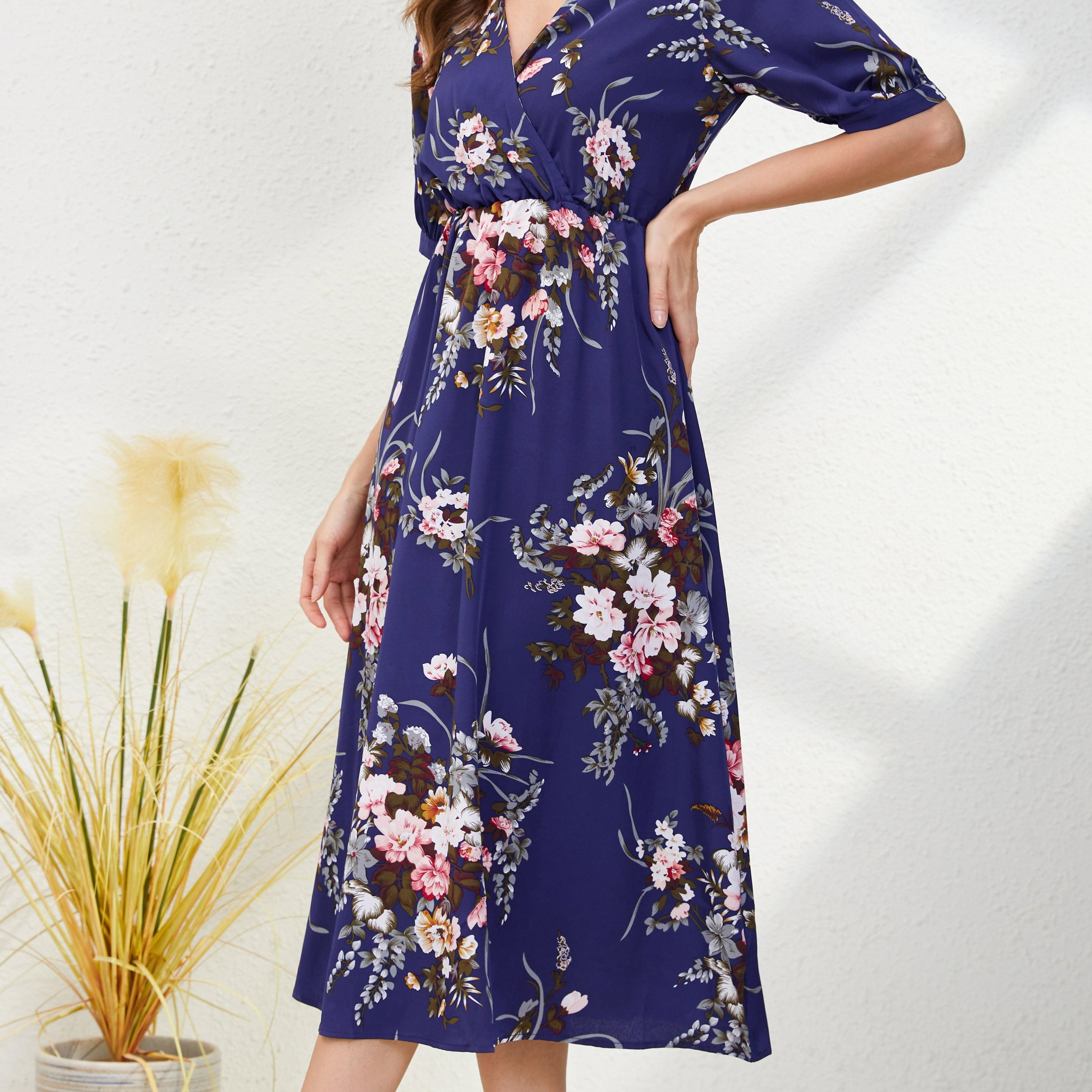 

Vintage Floral Print Dress, Casual Short Sleeve Surplice Neck Dress, Women's Clothing