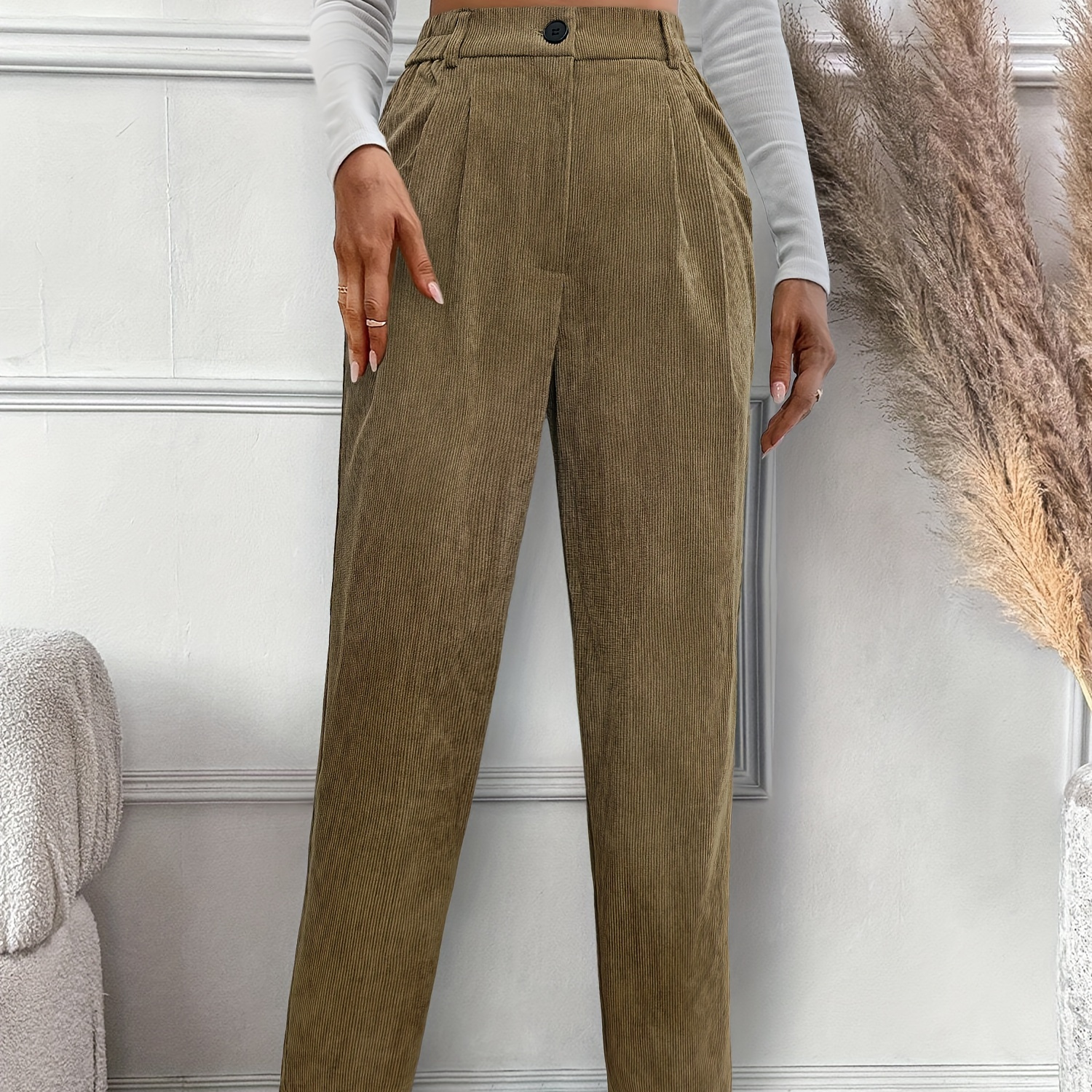 

Pantalon taille haute à poches obliques et jambes droites, pantalon décontracté pour et l'été, vêtements pour femmes.