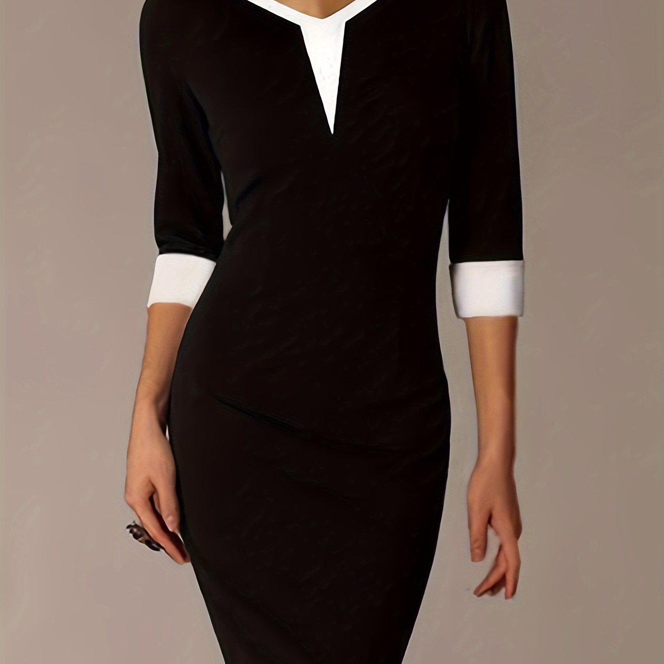 

Contrast Trim V Neck Drress, Elegant Half Sleeve Sheath Dress For Work & Office, Women's Clothing