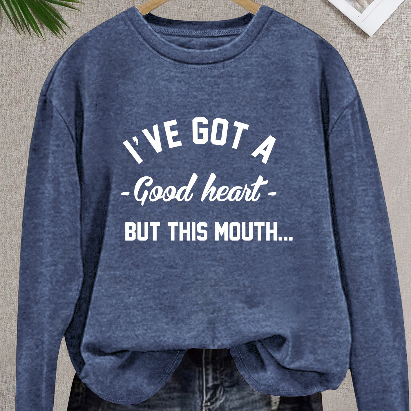 

Vintage Style Women's Long Sleeve T-shirt With " Got A But This Mouth" Slogan Print, Crew Neck, Knit Fabric, Polyester 75%, Viscose 20%, Elastane 5%, Medium Stretch, Casual Tee For Spring/summer/fall