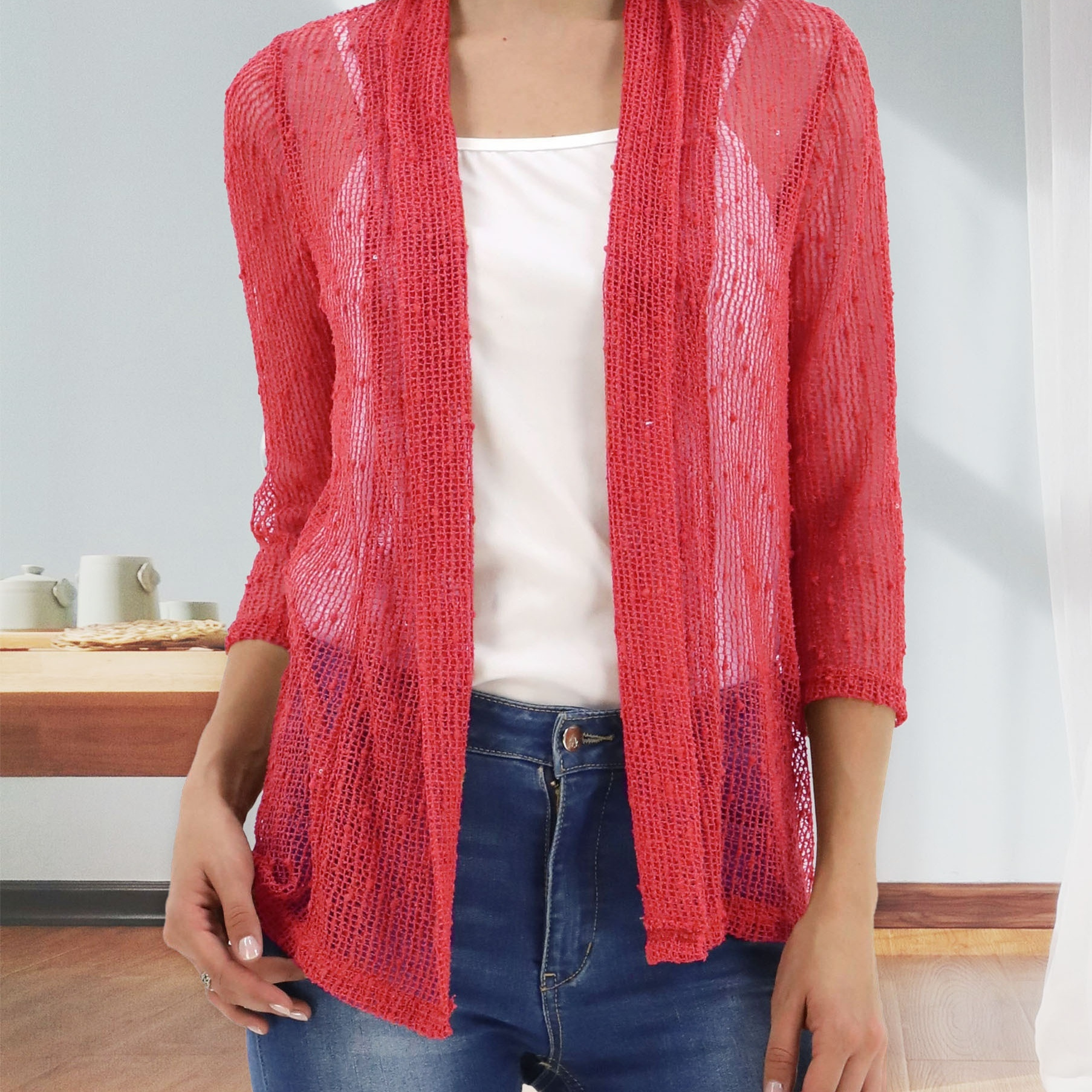 V-neck Mesh Slim Cardigans, Boho Casual 3/4 Sleeve Crochet Crop Cardigan, Women's Clothing