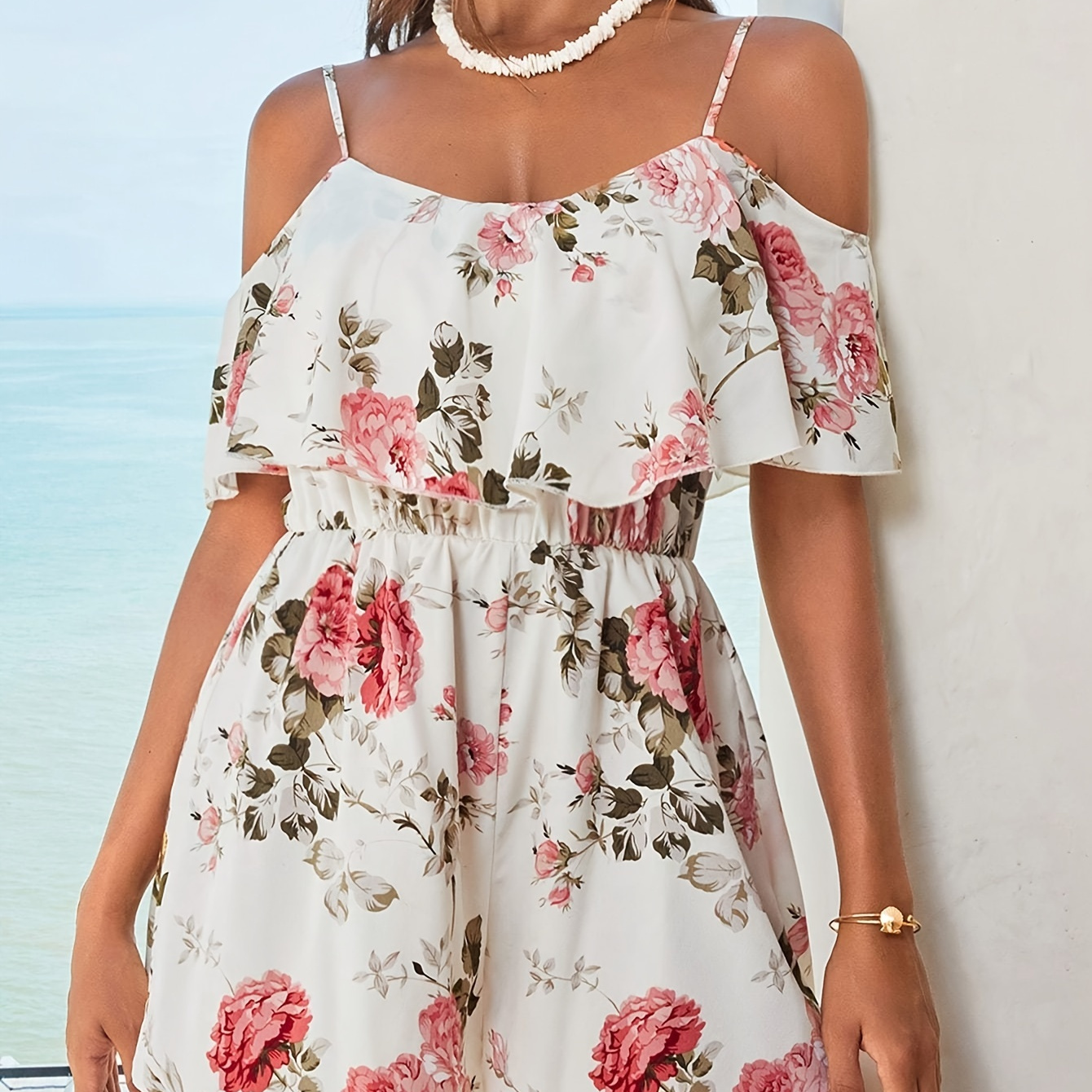 

Floral Print Cold Shoulder Romper Jumpsuit, Elegant Backless Spaghetti Strap High Waist Romper Jumpsuit, Women's Clothing