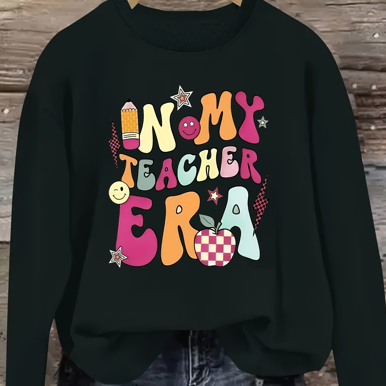 

Teacher's Day Special - Cartoon Alphabet Print Crew Neck Sweatshirt For Women - Casual Long Sleeve Pullover, Polyester Blend With Slight Stretch, Fall/