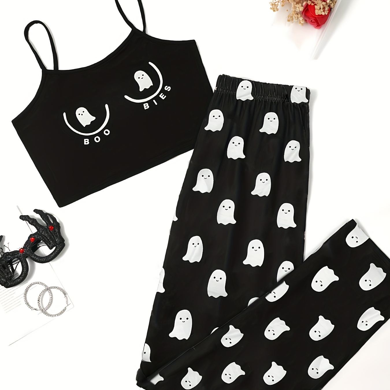 

Cartoon Ghost Print Pajama Set, Halloween Sleeveless Cami Top & Elastic Waistband Shorts, Women's Sleepwear & Loungewear