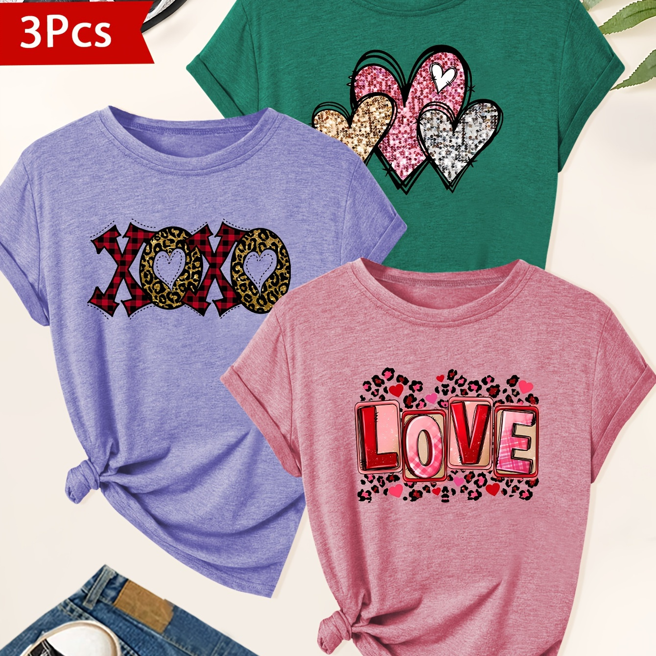 

Elegant 3-pack Women's T-shirts With Chic Heart Print - Casual & Sporty, Crew Neck, Short Sleeve - Spring/summer/fall